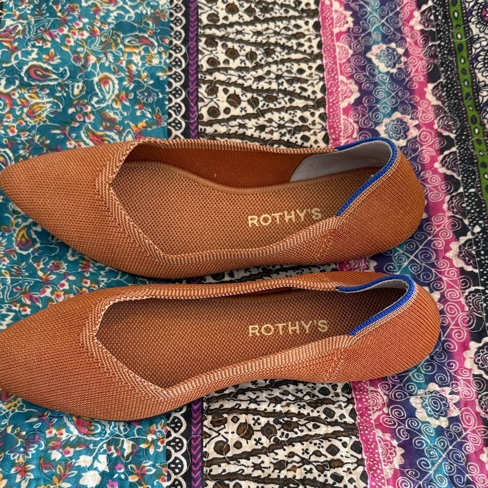 Rothy's Pointed Knit Flats in Chestnut Brown with Blue Trim - Picture 4 of 4